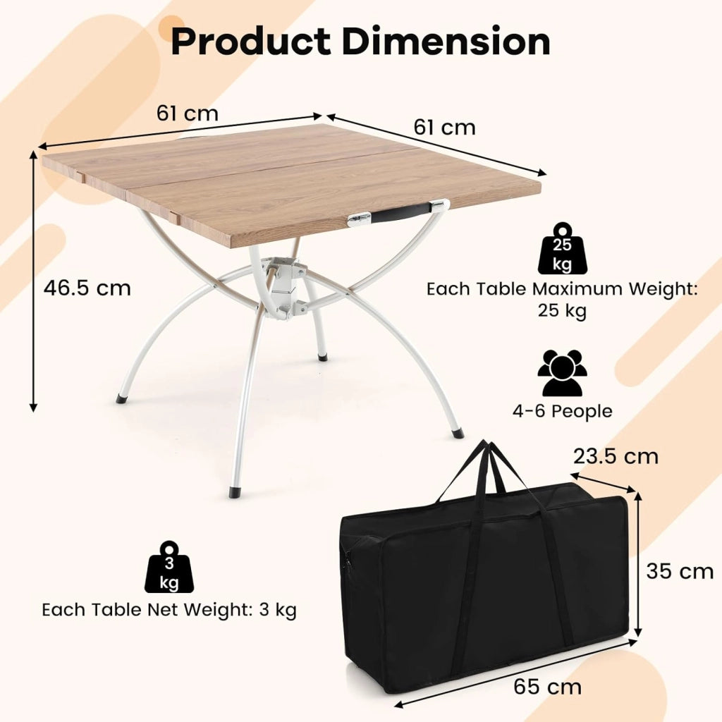 Tavolo da campeggio in alluminio, tavolo da picnic pieghevole da 2 pezzi, design estensibile, piano in legno venato, con borsa per il trasporto, cuscinetti antiscivolo per piedi
