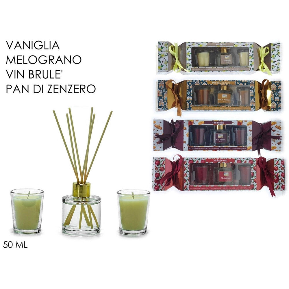 Trade Shop - Set Fragranza Ambiente Diffusore Con 6 Bastoncini 2 Candele Profumate Casa Centrotavola -