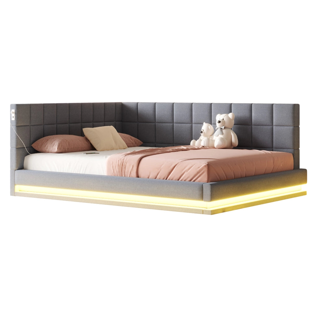 OKWISH Divano Letto 160×200 cm, Letto Matrimoniale con LED Regolabile, USB e Doghe, senza Materasso, in Lino, Grigio