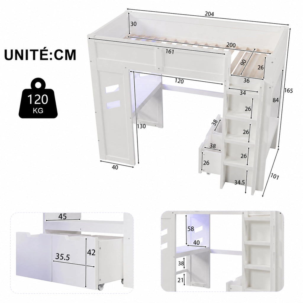 LETTO A CASTELLO 90x200 cm con scrivania, LED, USB, Tipo-C, bianco