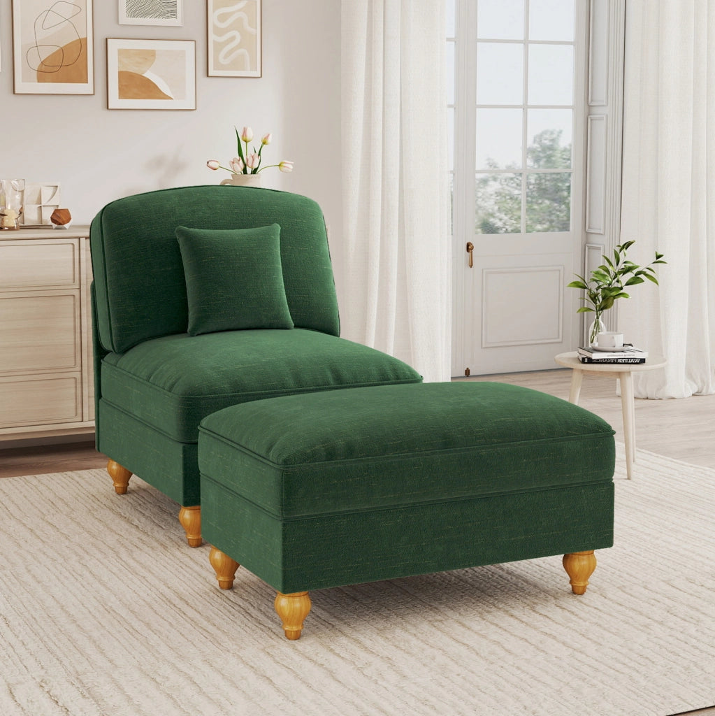 Divano in ciniglia verde con pouf; gonna con volant removibile e cuscino mobile