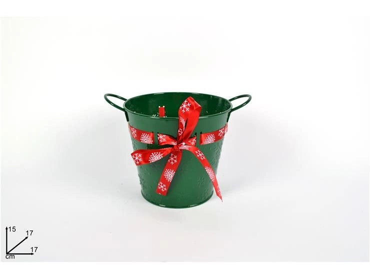 Secchiello in Metallo Decorativo Natale Natalizio Verde con Nastro 17 x 15 cm