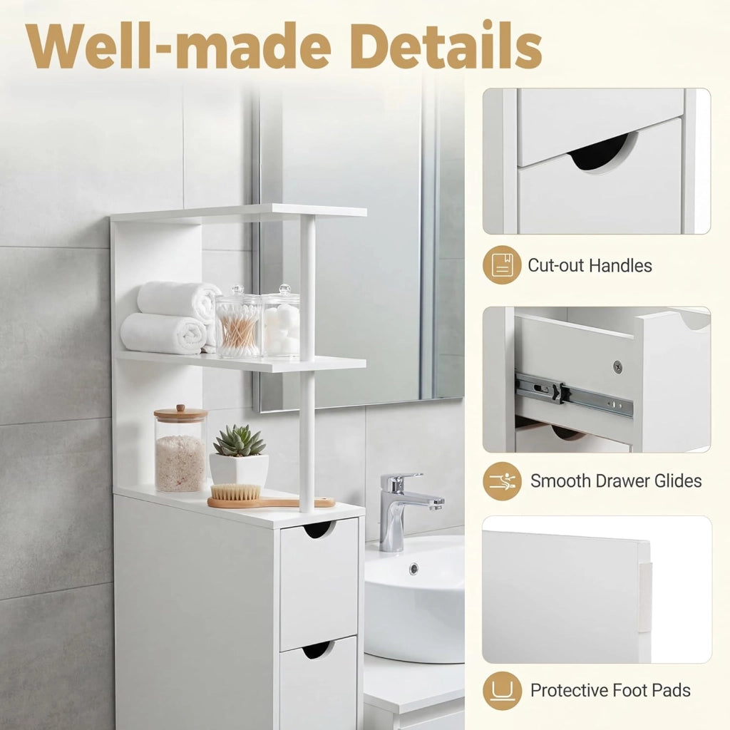 Mobile Alto per Bagno, Armadio da Terra con Ripiani Aperti, Cassetto con Rotelle, Mobile Colonna per WC Salvaspazio per Salotto, Camera e Cucina, 45 × 20 × 114 CM, Bianco