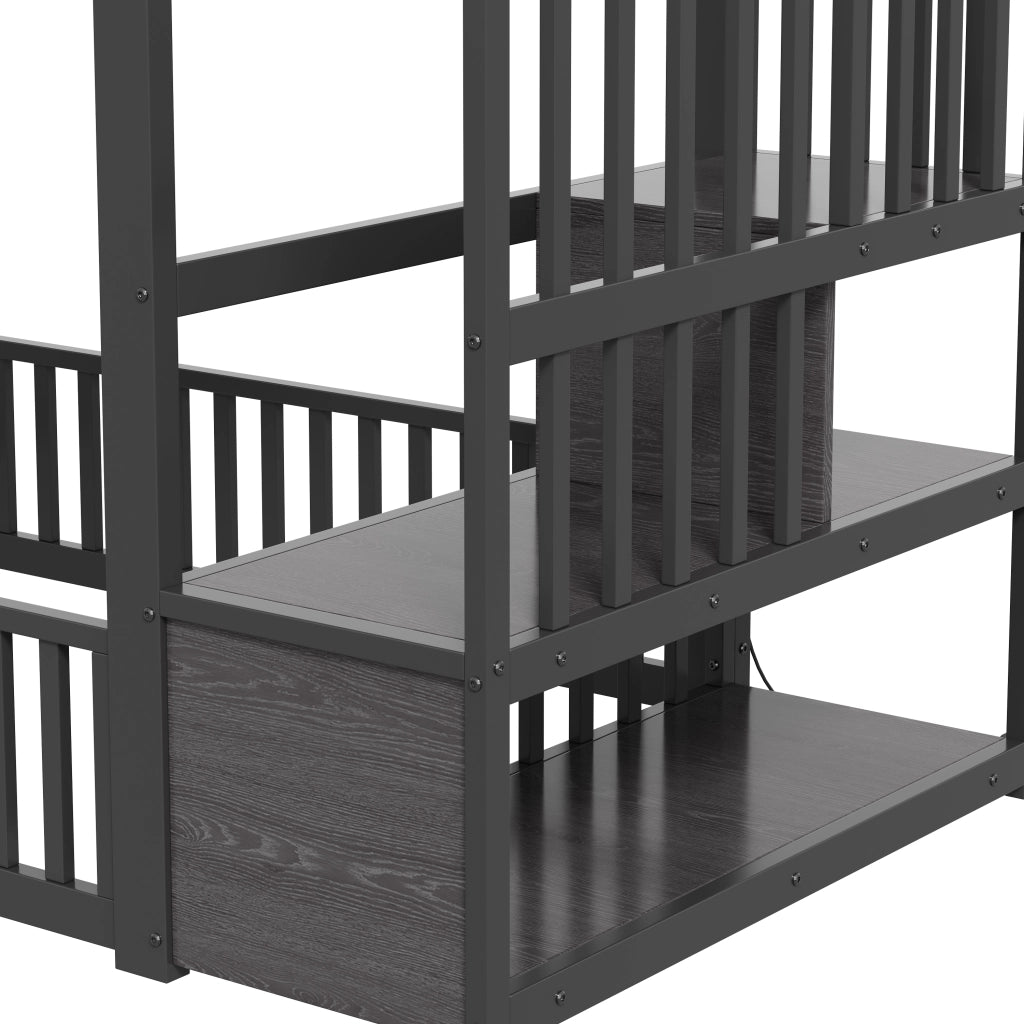 Letto a soppalco con LED - Zephmum- 90x200, Nero, Scala con spazio di archiviazione