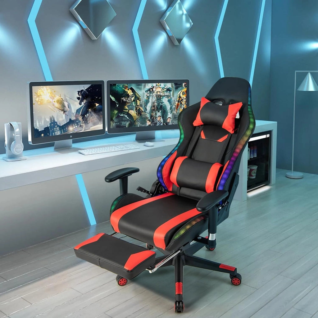 Sedia da Ufficio Ergonomica per Computer con Altezza Regolabile, Sedia da Gaming con Luci RGB LED, Schienale e Braccioli Regolabili, Poggiapiedi Estraibile e Supporto Lombare (Rosso)