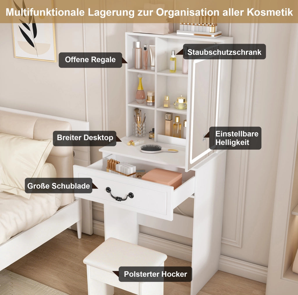 Tavolo da trucco moderno con specchio LED a 3 modalità; vani portaoggetti e sgabello imbottito; bianco