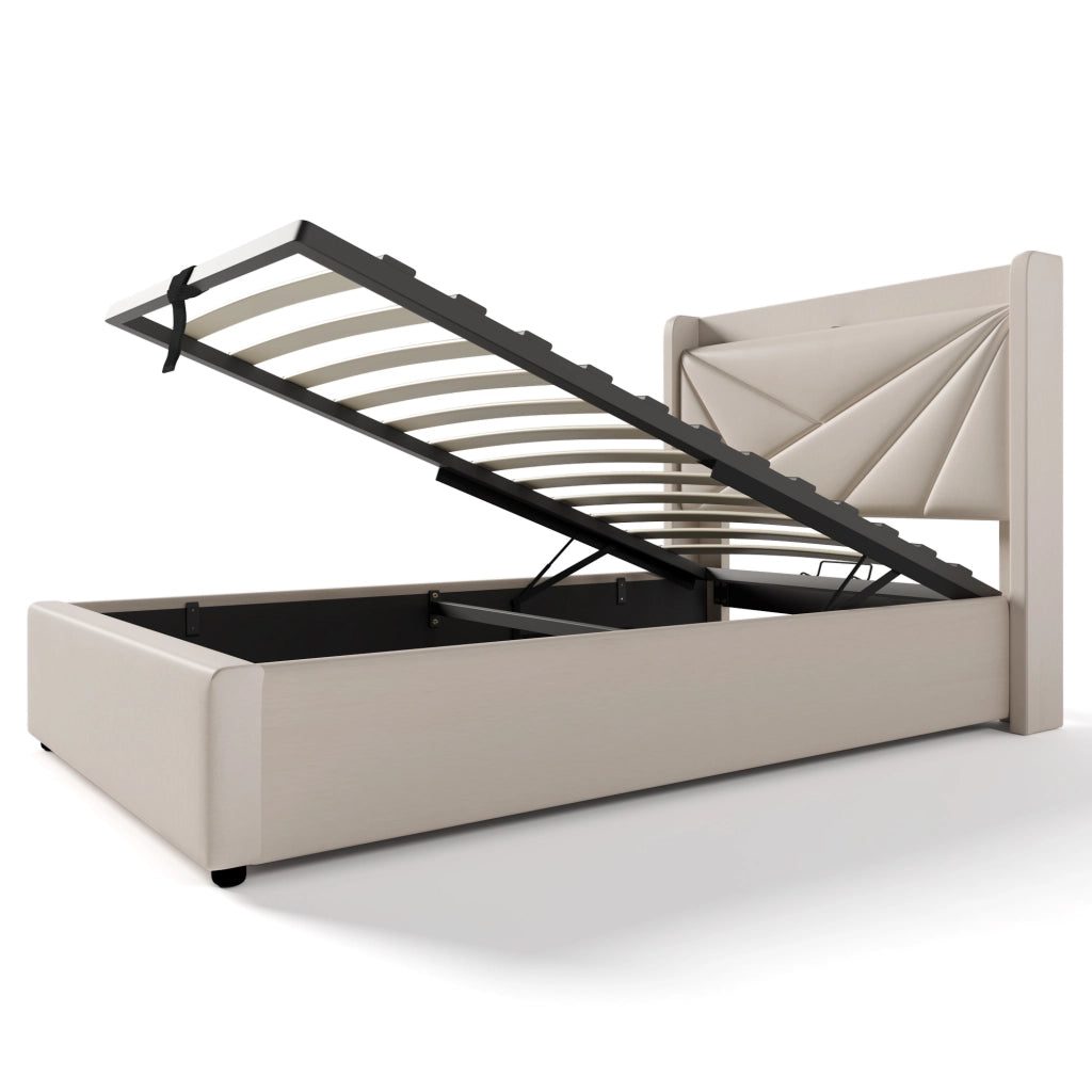 OKWISH Letto Contenitore 90×200 cm, Letto Singolo con USB, Tipo C e Testiera, senza Materasso, in Lino Cotone, Beige
