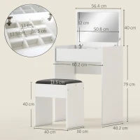 Tavolo da Trucco con Specchio Richiudibile, Tavolo da Trucco Moderno, con Sgabello, Vano Contenitore (10 Scomparti), MDF Bianco, 60.2 x 40.2 x 79cm