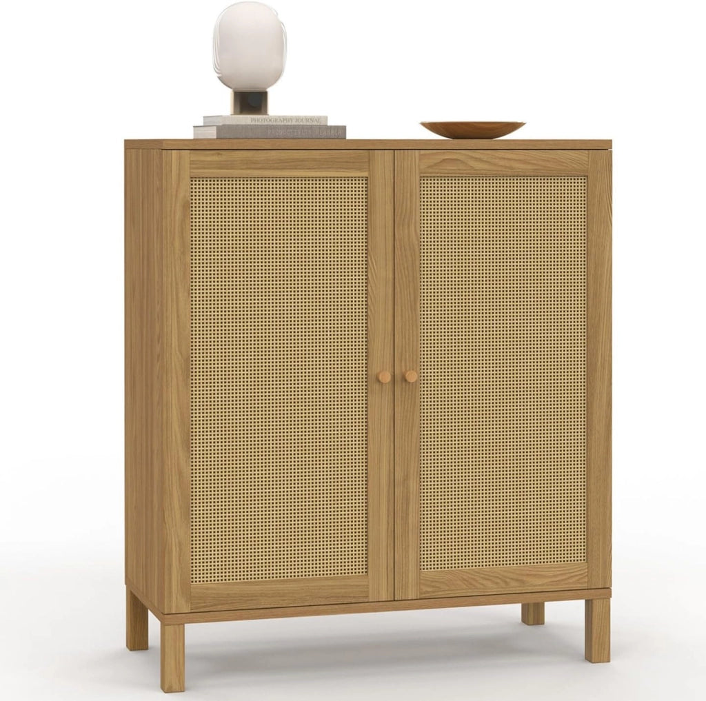 Credenza vintage a 2 ante HANAE, 70 cm, effetto canna naturale