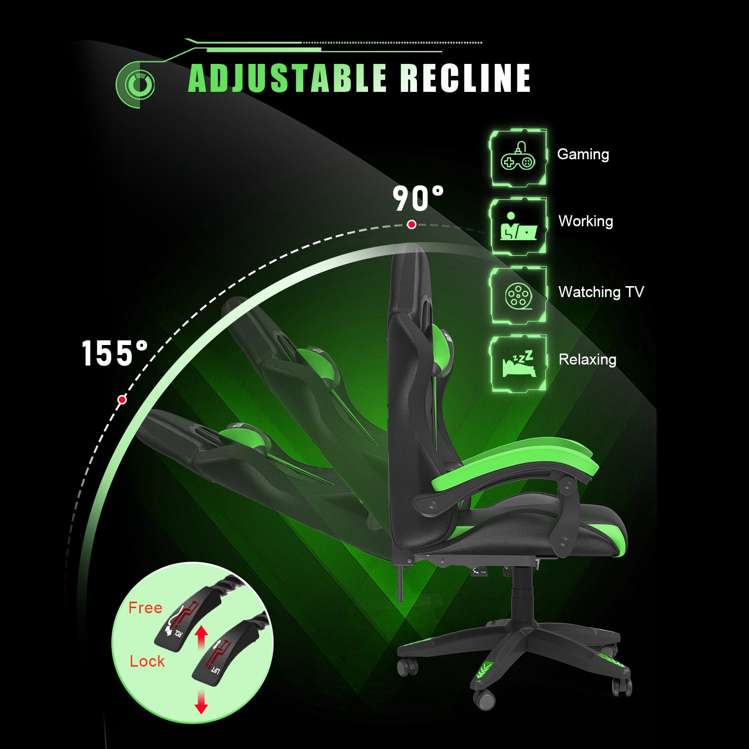 Sedia Gaming RGB LED - RATTANTREE - Sedia poltrona da gaming per ufficio videogiochi reclinabile - sedia gaming ergonomica in Pelle Pu - con Poggiatesta - Verde