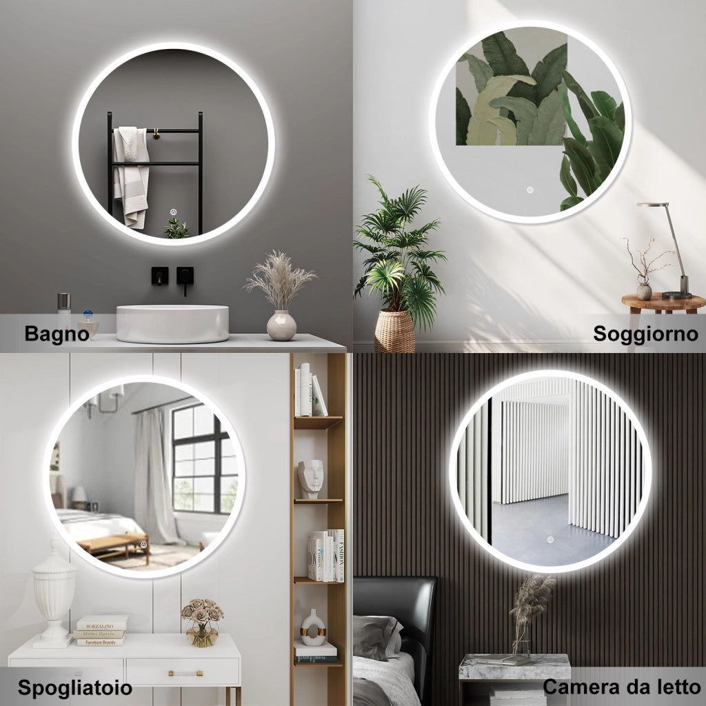 AICA Specchio da bagno 80 x 80 cm, antiappannamento, dimmerabile, interruttore touch, Funzione Memoria