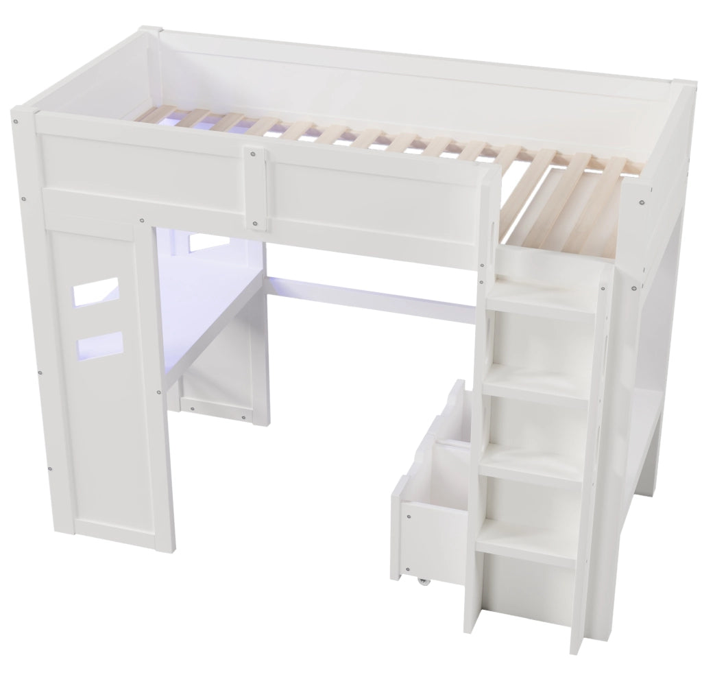 Letto a soppalco 90x200 cm con scrivania e LED in legno di pino e MDF bianco