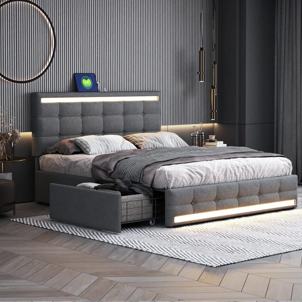 OKWISH Letto con Cassetti 140×200 cm, Letto Matrimoniale con 4 Cassetti, USB, LED Regolabile e Sync Musica, senza Materasso, Grigio