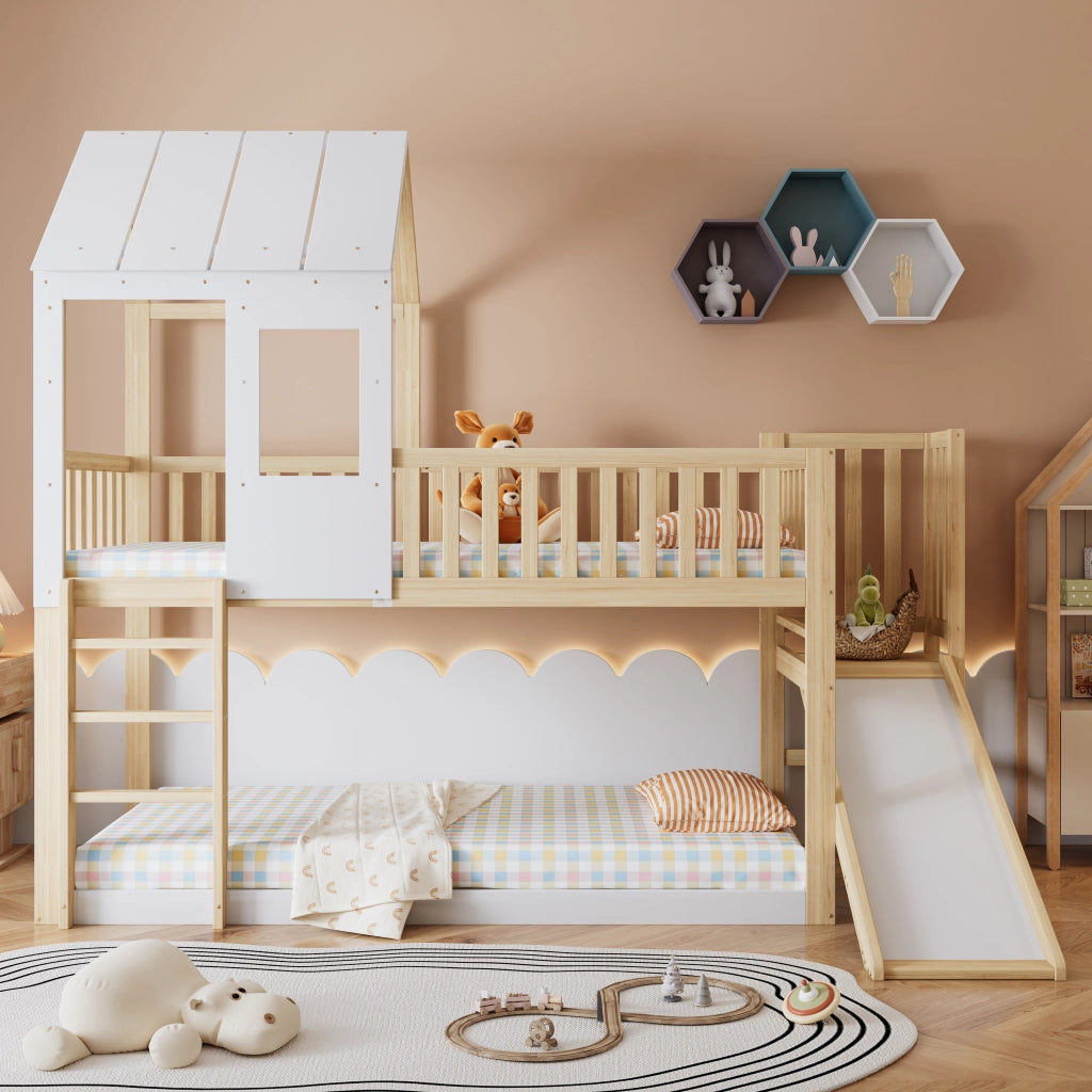 Letto a castello con scivolo e tetto naturale e bianco legno di pino 90x200 cm