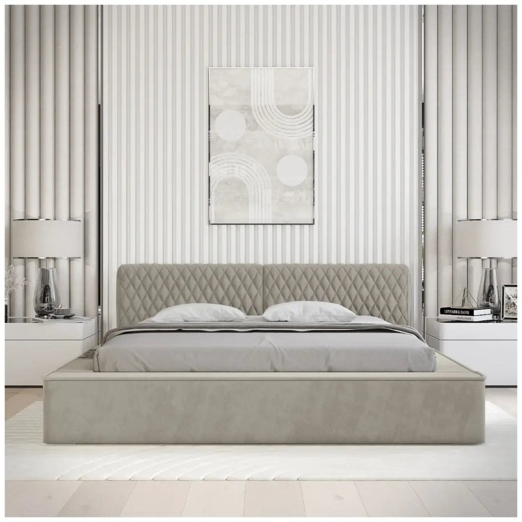 Letto contenitore VERNON – Tessuto bouclé chenille Taupe fumé – 180x200 cm – Rete sollevabile – Design di alta gamma