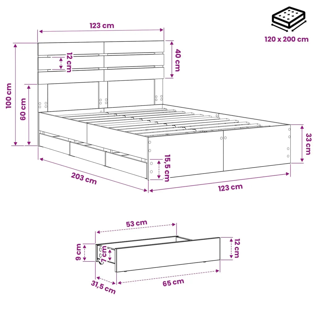 Bed Frame with Storage and Headboard Artisan Oak 120 x 200 cm 3445805