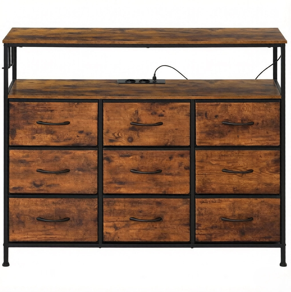 Cassettiera 9 cassetti con LED e presa, marrone rustico/nero