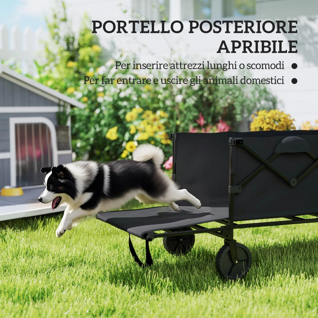 Carrello da Giardino da 160L con 4 Ruote Girevoli, Carrello Spiaggia Pieghevole in Acciaio e Tessuto Oxford con Borsa Espandibile e Maniglia Girevole e Regolabile, 95x55x102 cm, Nero