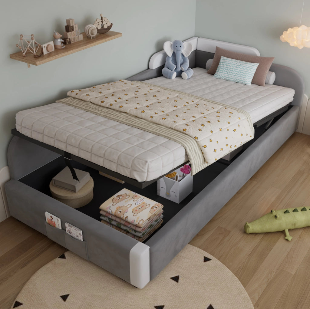 Letto imbottito 90x200 cm con contenitore idraulico e sponda morbida in velluto