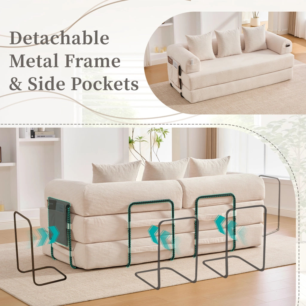 Divano Modulare con Tasca Laterale e 3 Cuscini in Velluto a Coste Beige 200 × 94 × 67 cm