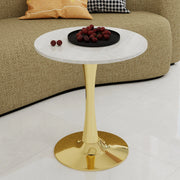 Tavolino rotondo; design minimalista e versatile in marmo artificiale; dorato e bianco