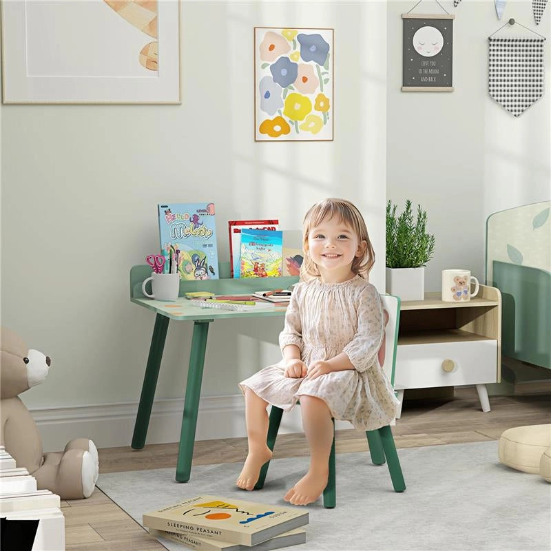 SET SEDIA E TAVOLINO PER BAMBINI CON RIPIANO PORTAOGGETTI IN MDF E LEGNO DI PINO VERDE