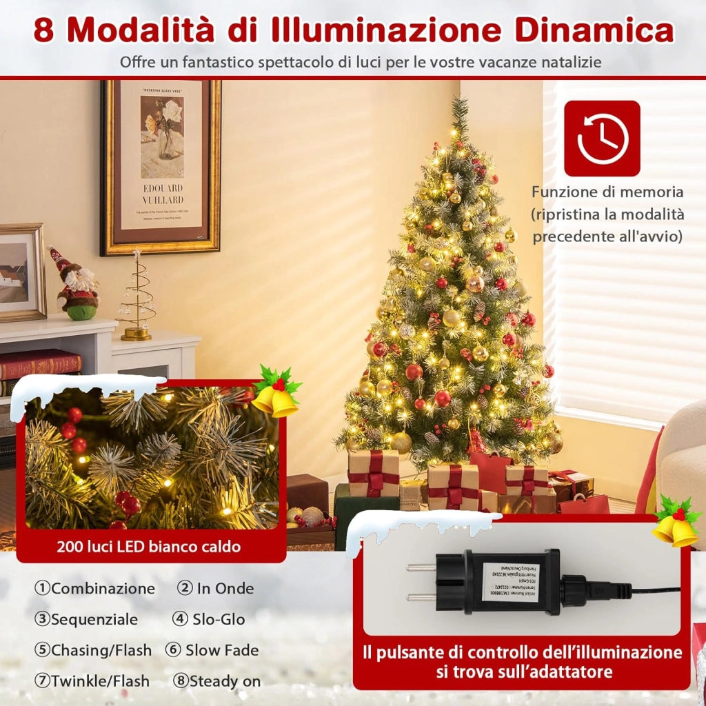 Albero di Natale Pre-Illuminato 150 cm, Albero di Natale con 200 Luci LED Bianche Calde, 8 Modalità di Illuminazione, 450 Punte di Ramo, Bacche Rosse e Pigne (150 cm)