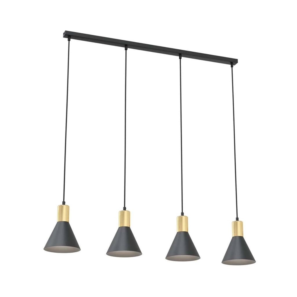 Lampadario 4 Luci Heimdall In Acciaio Nero E Paralumi Conici Nero E Oro