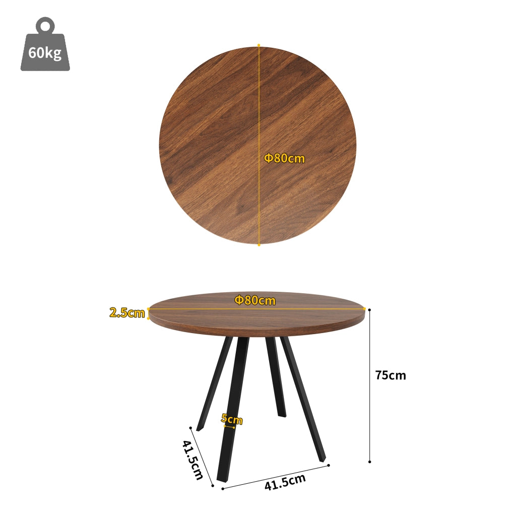Tavolo da pranzo per 4 persone con piano rotondo in MDF e gambe in ferro, per cucina e soggiorno, 80 × 80 × 75 cm