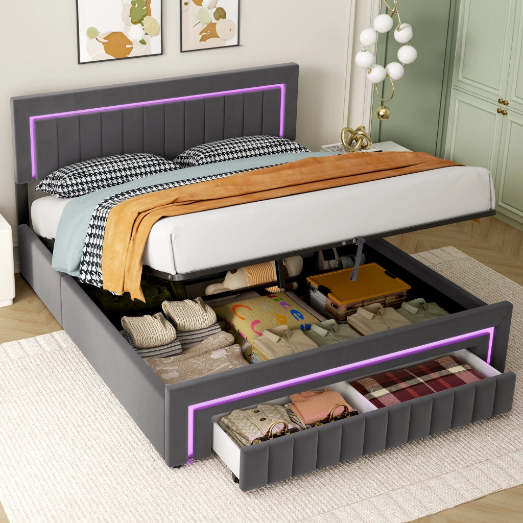 Letto imbottito matrimoniale 180 × 200 cm con cassetti, LED e testiera in velluto grigio scuro