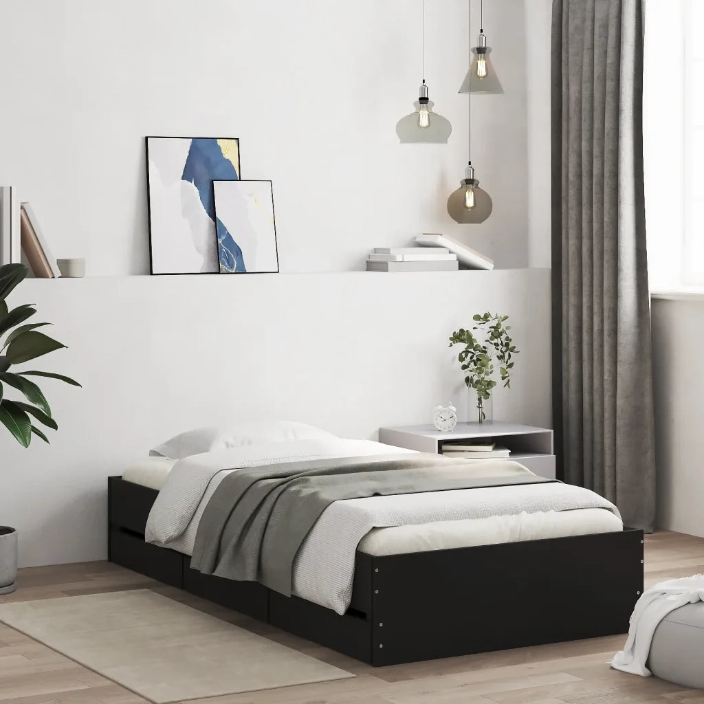 Letto singolo | Letto per adulti | Giroletto con Cassetti Nero 100x200 cm in Legno Multistrato