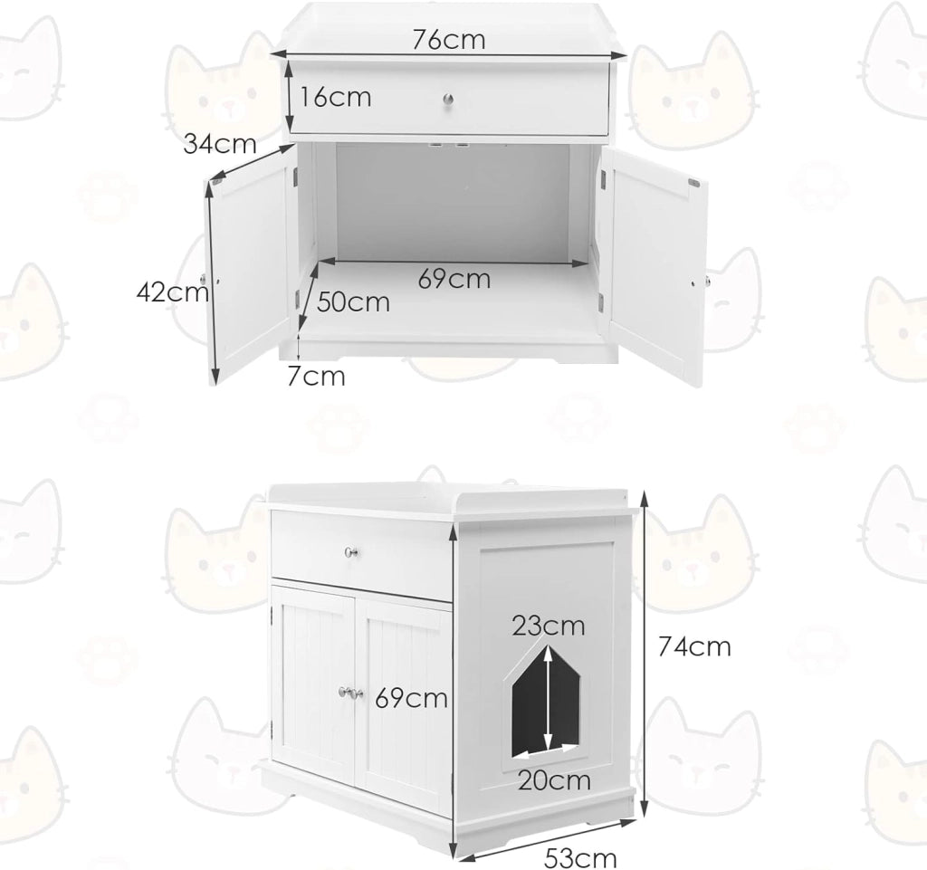 Mobile per Lettiera Gatti in Legno, con Portaoggetti, 2 Ante, Cassetto e Ingresso Laterale, Mobiletto Multiuso per Ingresso e Soggiorno, 76 x 53 x 74 cm, Carico Massimo 30 kg (Bianco)