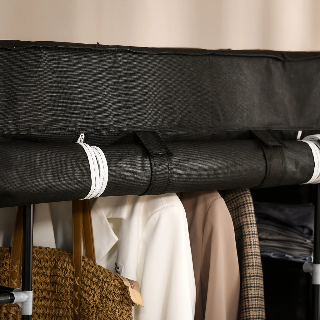 Armadio in tessuto con 1 barra appendiabiti, 10 ripiani, 150x43x162,5 cm, struttura in acciaio, nero
