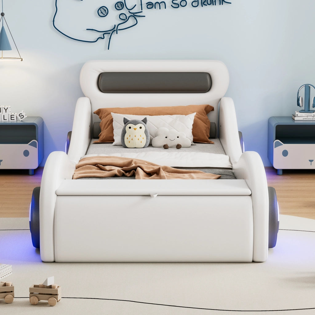 OKWISH Letto Bambino 90×200 cm, Letto Singolo a Forma di Auto con Ruote Luminose, Vano Contenitore, senza Materasso, PU Bianco