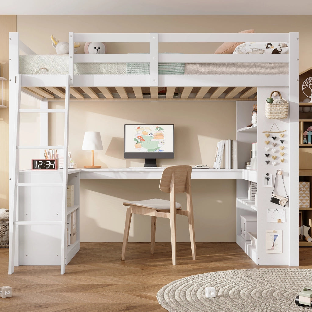 Letto a soppalco per bambini con scaffale e scala, 90x200 cm, bianco