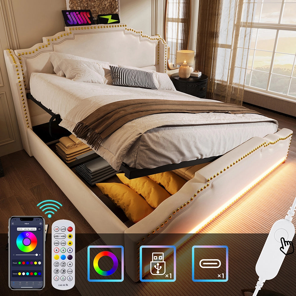 Letto matrimoniale-Xylo-140x200 cm-idraulico, LED, USB-C, velluto beige, con materasso