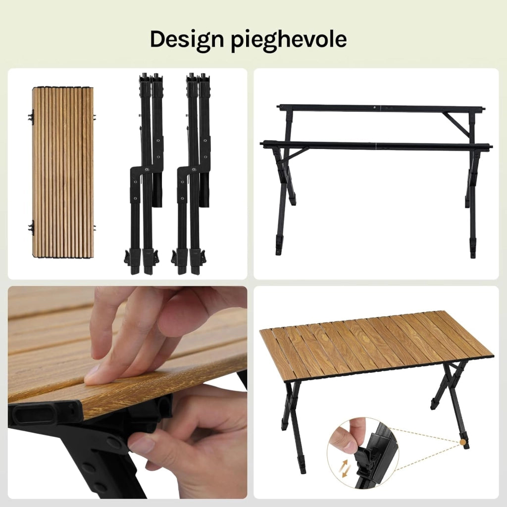 Tavolo da Campeggio Pieghevole Leggero, Tavolo da Esterno Portatile, Altezza Regolabile, Tavolo da Giardino con Piano Arrotolabile in Alluminio, Borsa Portaoggetti, Carico 50kg, Rovere Chiaro