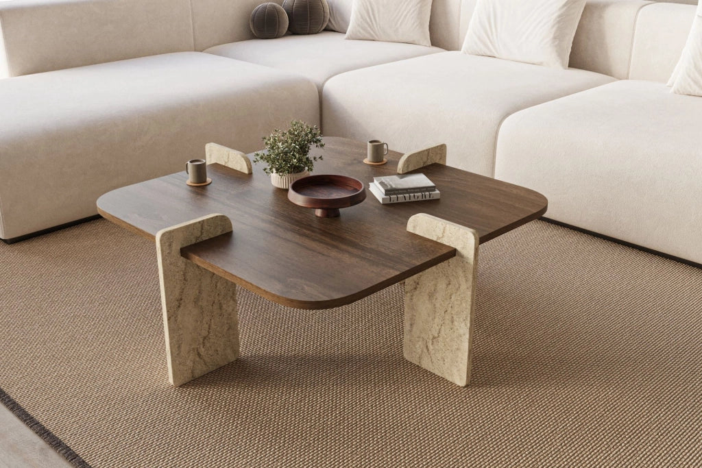 Tavolino in legno "Poalla" - 90 x 90 x 35 cm - Marrone