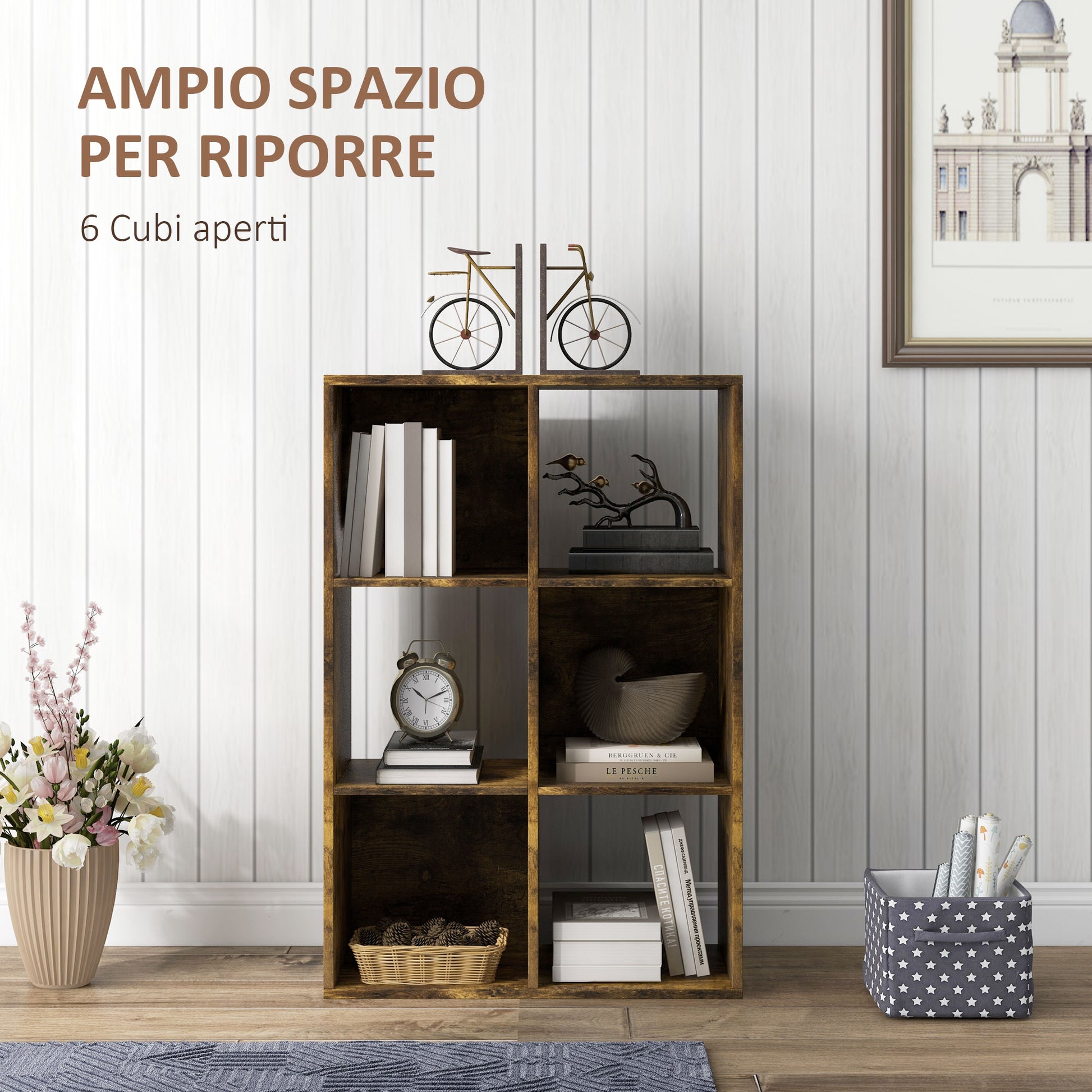 Libreria a Cubi Design Rustico 61,5x29,5x91,5 cm Rivestimento in Melamina Marrone Rustico