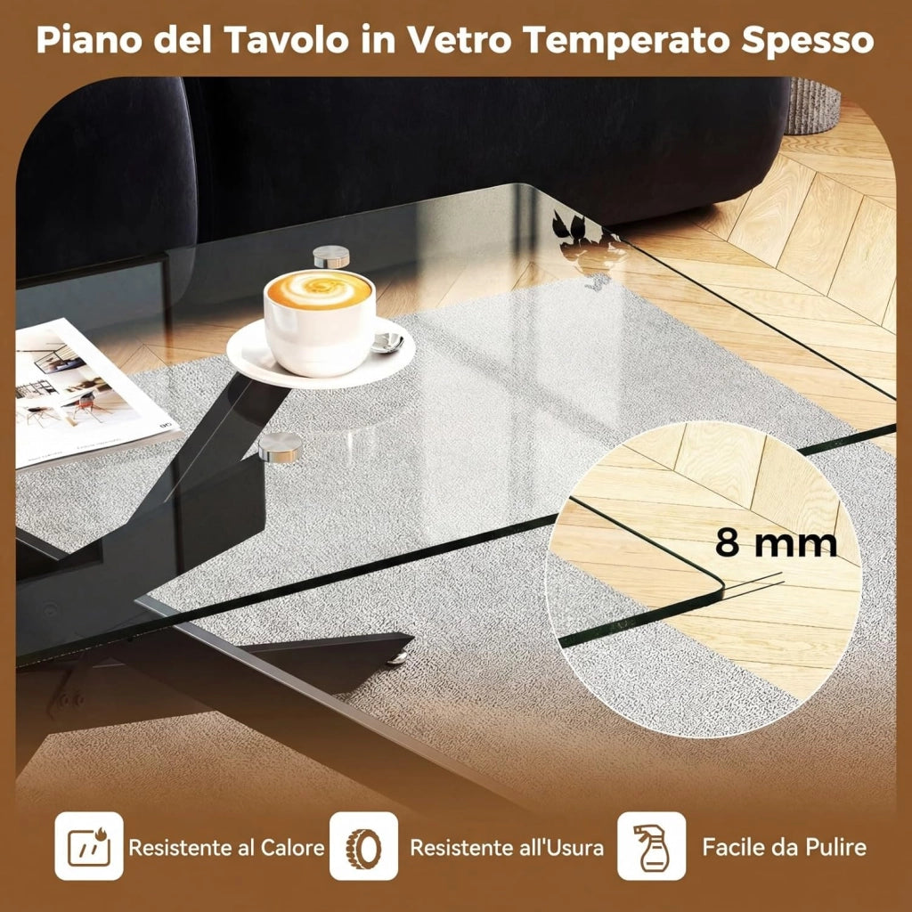 Tavolo da Caffè, Tavolino Salotto in Vetro Temperato con Gambe Incrociate in Metallo Placcato e Piedini Regolabili Antiscivolo, per Soggiorno e Ingresso, 120 x 60 x 45,5 cm (Nero)