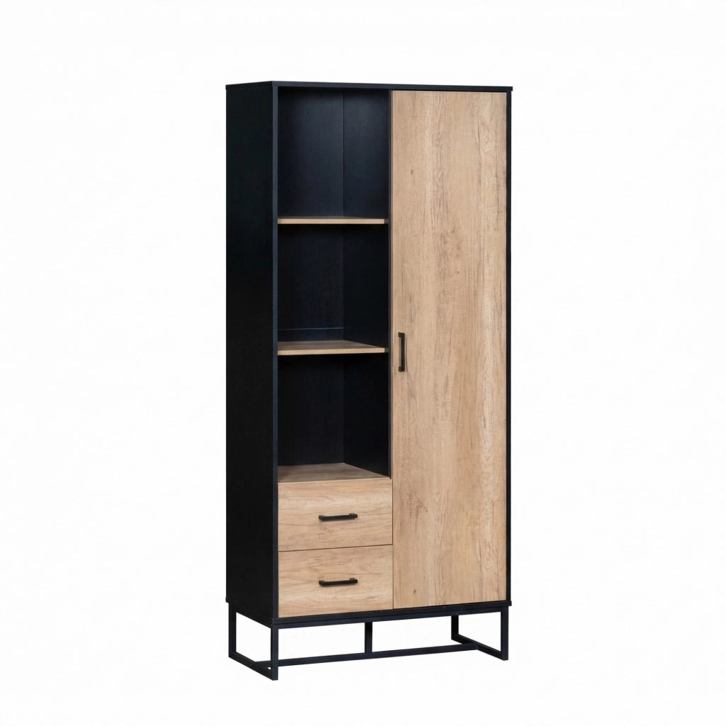 Credenza alta con anta, 2 cassetti e 3 nicchie, stile industriale moderno, in MDF nero e legno, 80 × 40 × 180 cm