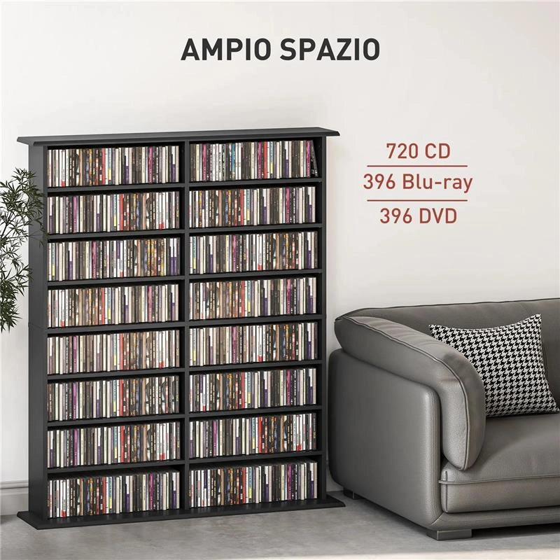 MOBILE LIBRERIA PORTA CD A 16 RIPIANI DAL DESIGN MODERNO IN LEGNO, 106.5X24X123.7 CM, NERO