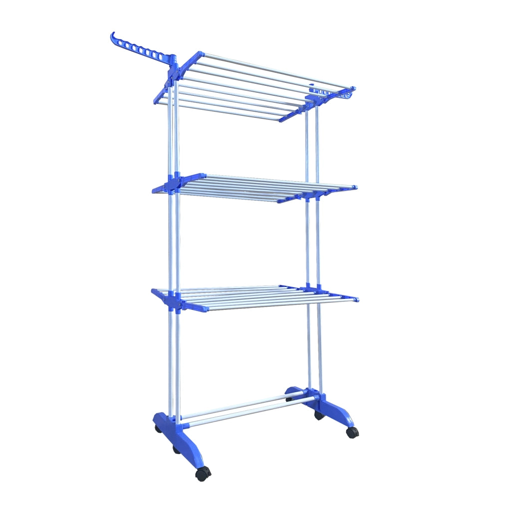 Stendibiancheria XXL Pieghevole Premium Slim Nyana Home | 4 Livelli | Barre in Acciaio | Supporti Laterali per Grucce | Gambe Pieghevoli | 4 Ruote con Freno | Blu