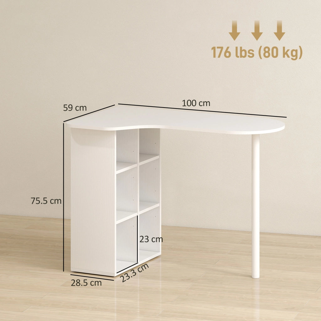 Scrivania per Camera Ricurva con 6 Ripiani e 4 Scaffali Regolabili. in Acciaio e Legno. 100x59x75.5 cm. Bianco
