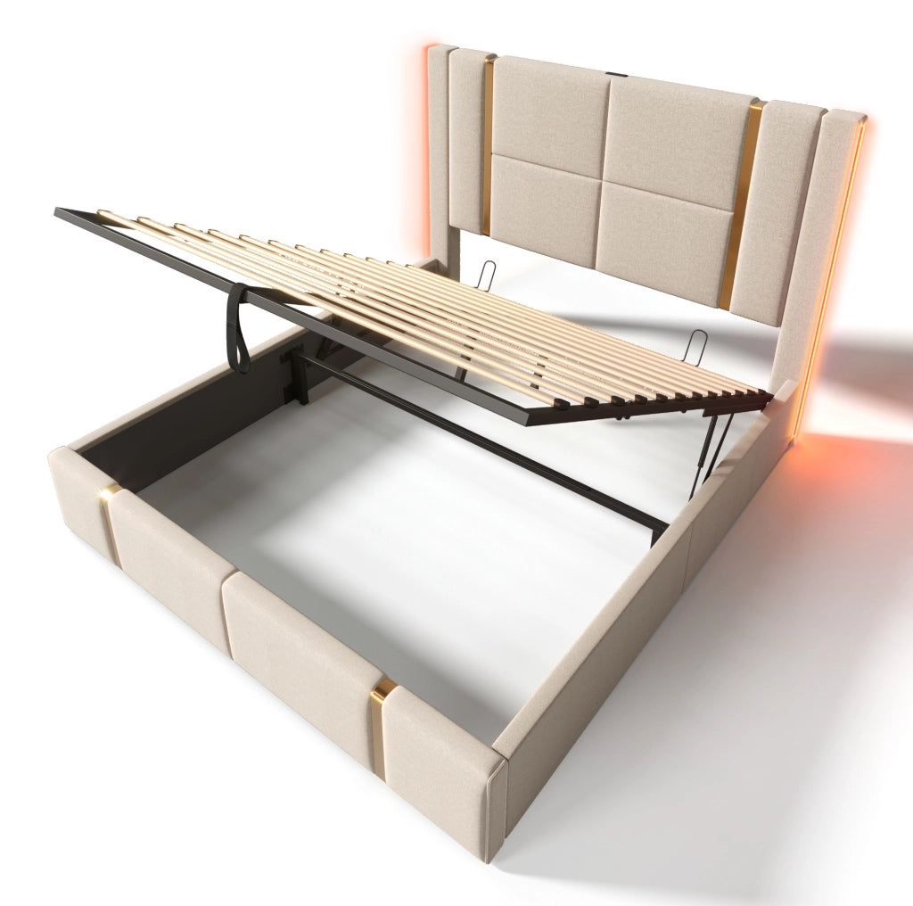 Letto matrimoniale imbottito ULEVR 160x200 cm con contenitore idraulico, LED RGB, USB e Type-C, beige