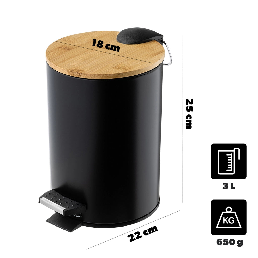 Cestino per rifiuti da bagno KADAX piccolo, 3 litri, in bambù, con pedale, nero opaco.