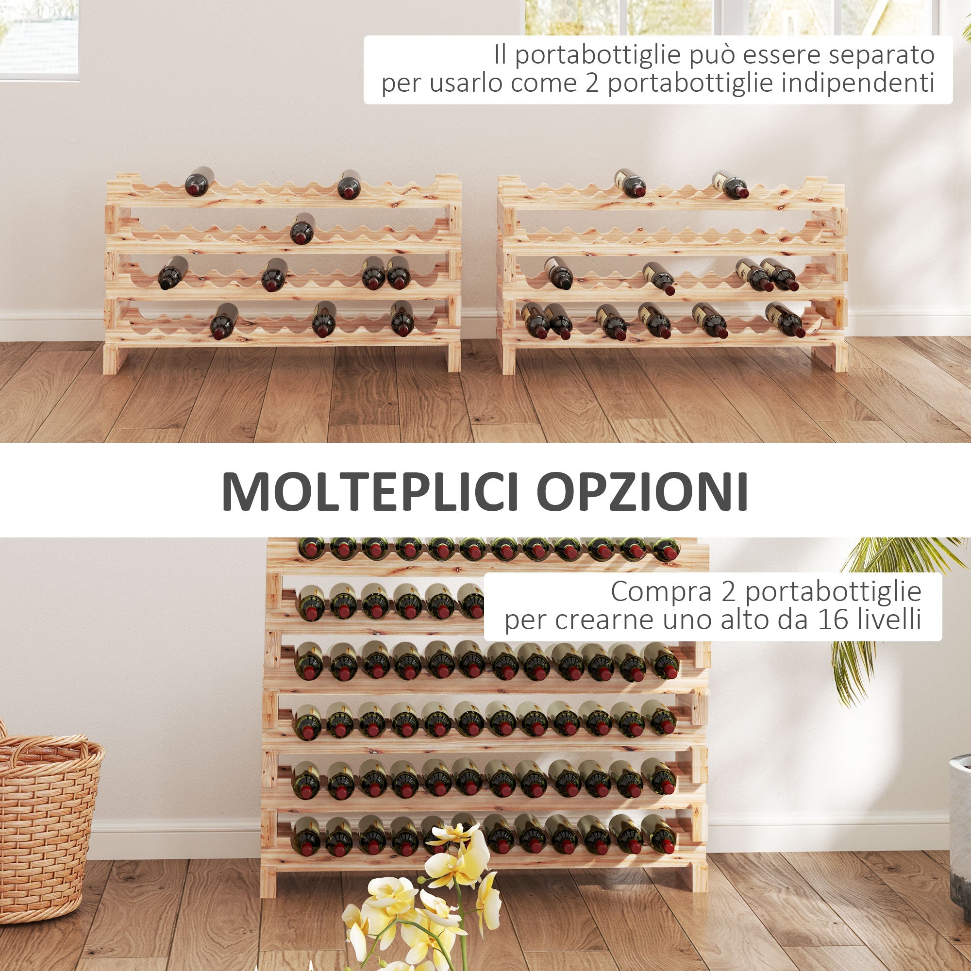 Portabottiglie  Cantinetta Vini con 8 Ripiani per 96 Bottiglie 114x28x113,5 cm in Legno di Pino