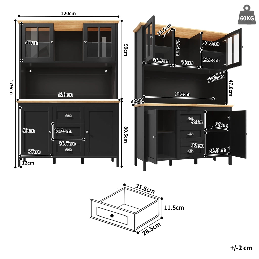 Credenza Alta da Cucina con 4 Ante; 3 Cassetti; 1 Vano Aperto e LED USB; in MDF e Metallo; 120 x 40 x 179 cm; Nero