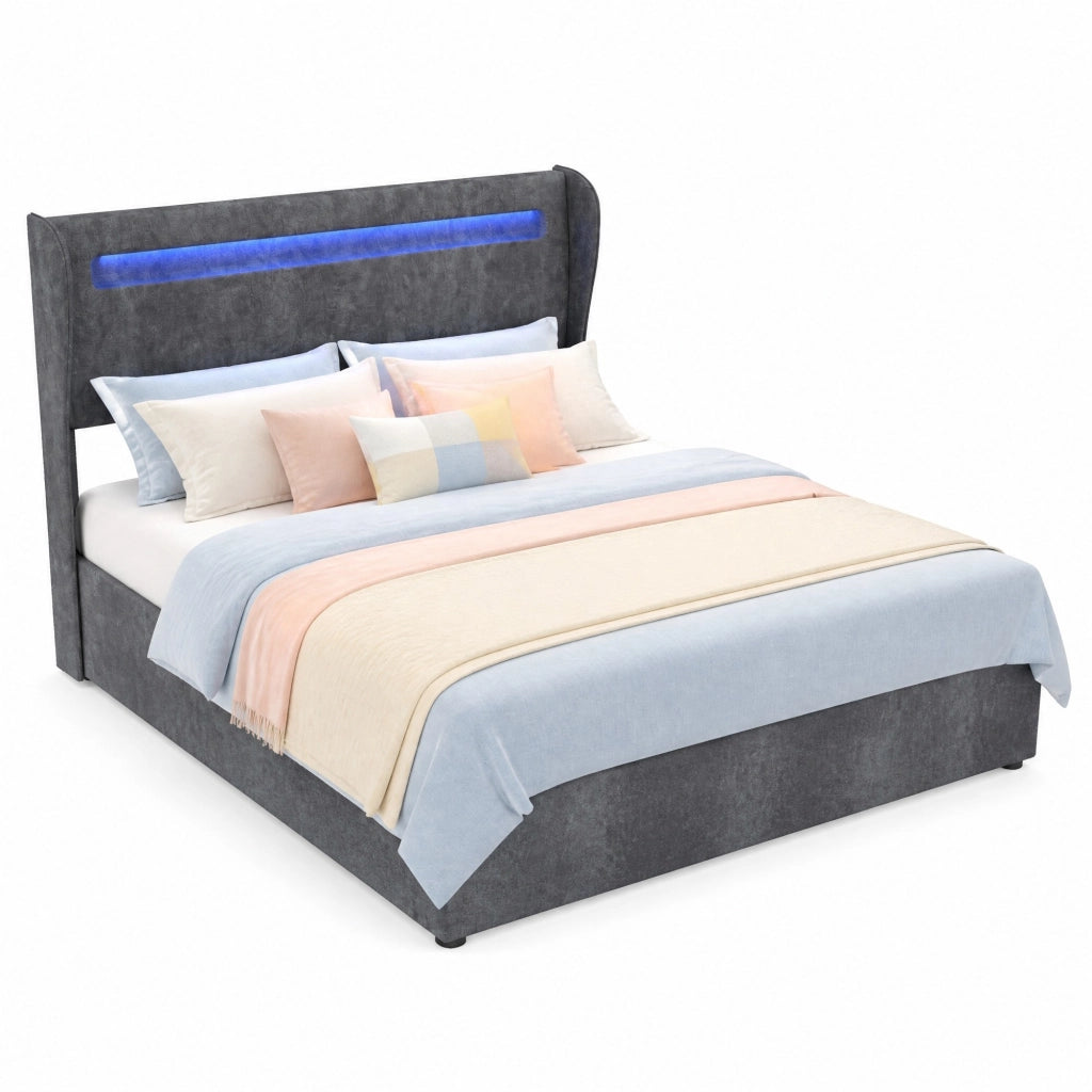 Letto matrimoniale 140x200 cm con testiera regolabile e illuminazione LED; grigio