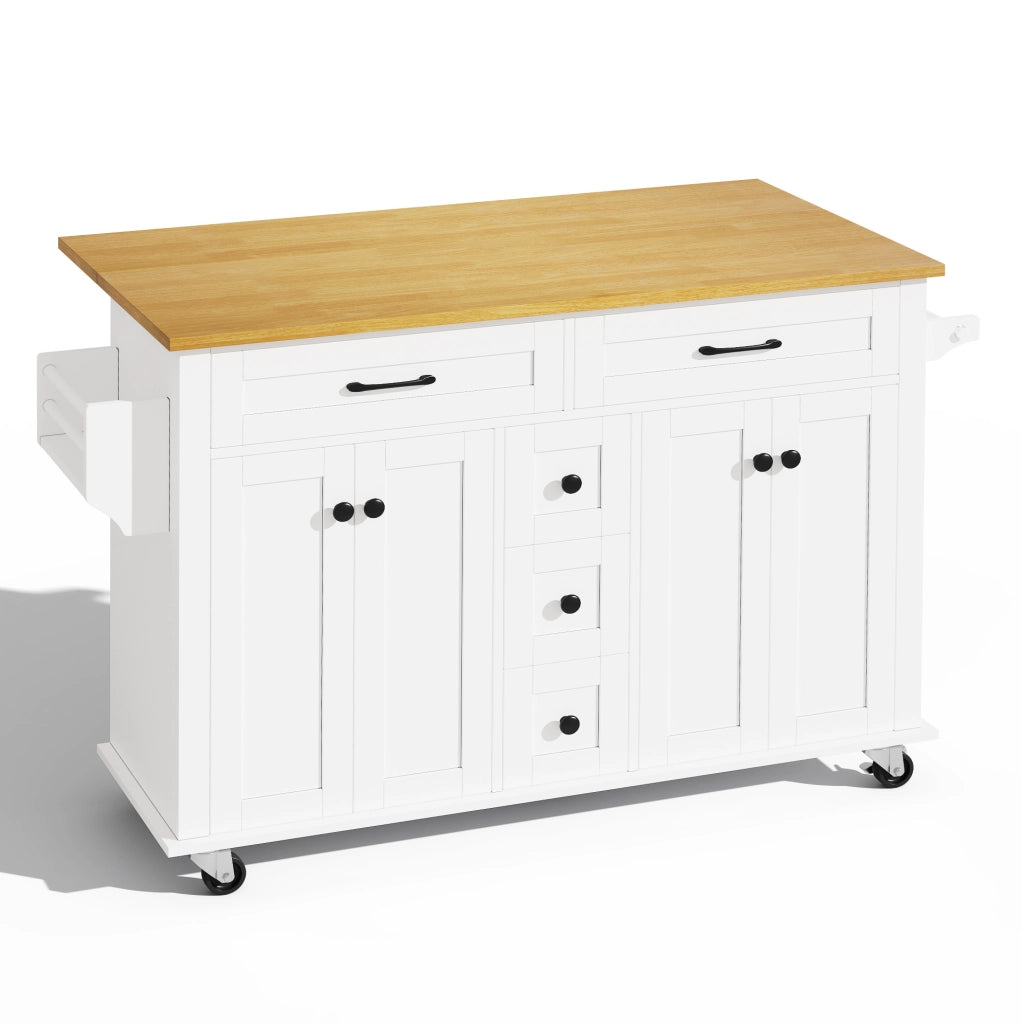Carrello cucina 140x40(65)x89 cm con piano estraibile e 5 ruote in MDF bianco e naturale